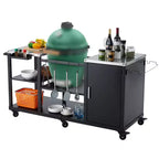 Heavy-Duty Grill Table for Large Big Green Egg, Outdoor Prep Station with Storage, Stainless Steel Top, Locking Wheels - Black