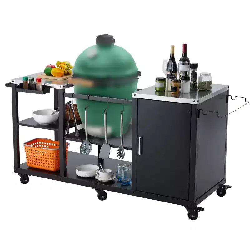 Heavy-Duty Grill Table for Large Big Green Egg, Outdoor Prep Station with Storage, Stainless Steel Top, Locking Wheels - Black