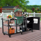 Mesa para parrilla de trabajo pesado para Big Green Egg grande, estación de preparación al aire libre con almacenamiento, cubierta de acero inoxidable, ruedas con bloqueo - Negra