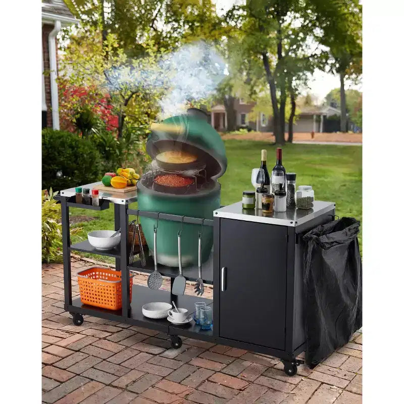 Mesa para parrilla de trabajo pesado para Big Green Egg grande, estación de preparación al aire libre con almacenamiento, cubierta de acero inoxidable, ruedas con bloqueo - Negra