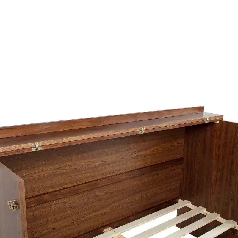 Cama Murphy tamaño Queen con cajón grande, estación de energía y panel de ratán para sala de estar y apartamentos pequeños