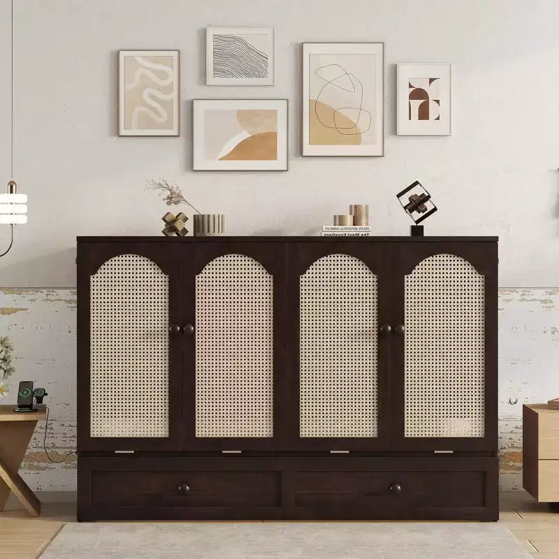 Cama Murphy tamaño Queen con cajón grande, estación de energía y panel de ratán para sala de estar y apartamentos pequeños
