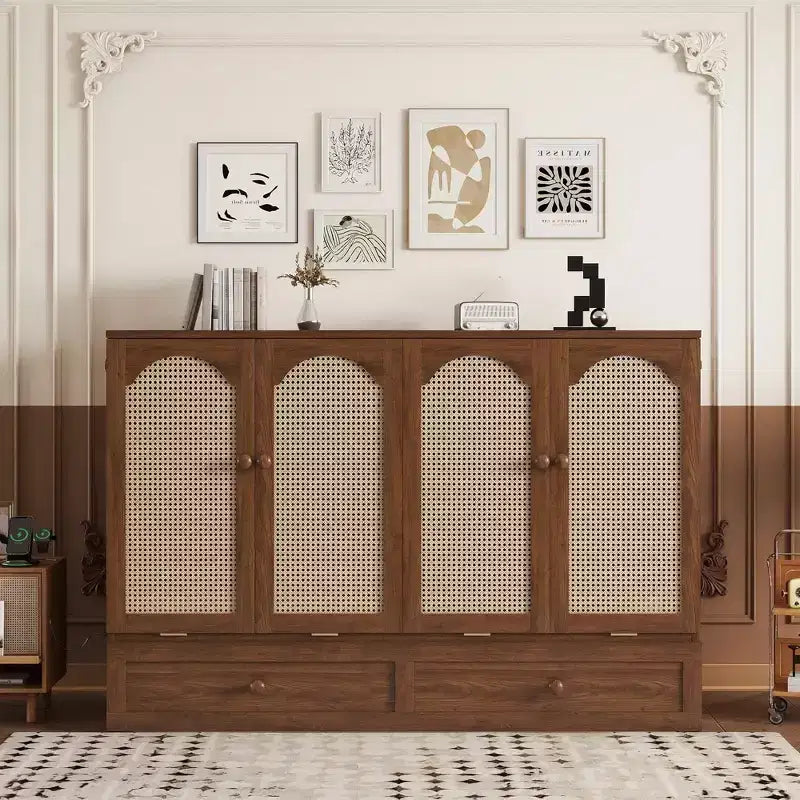 Cama Murphy tamaño Queen con cajón grande, estación de energía y panel de ratán para sala de estar y apartamentos pequeños