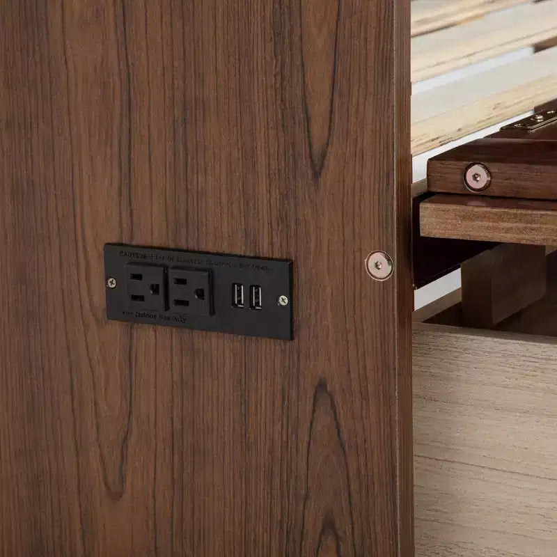 Cama Murphy tamaño Queen con cajón grande, estación de energía y panel de ratán para sala de estar y apartamentos pequeños