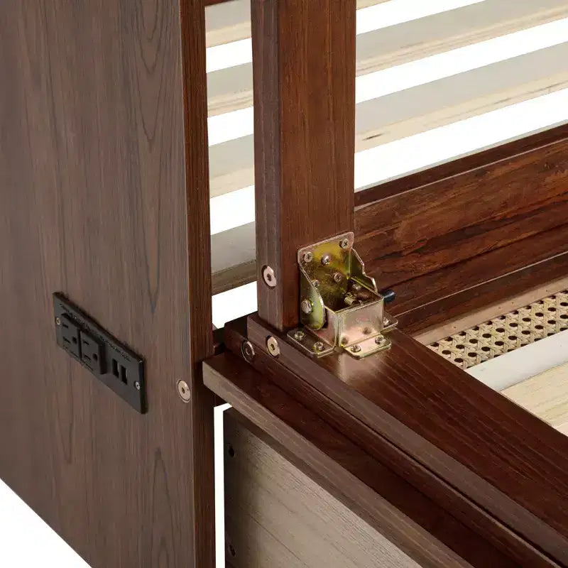 Cama Murphy tamaño Queen con cajón grande, estación de energía y panel de ratán para sala de estar y apartamentos pequeños
