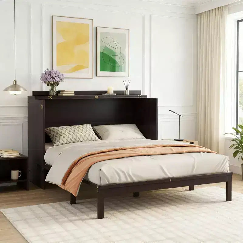 Queen Size Murphy Bed with Large Drawer, Power Station and Rattan Panel for Livingroom and Small Apartments