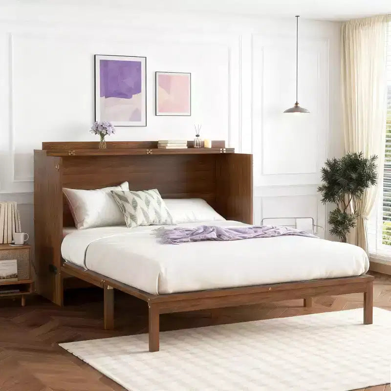 Cama Murphy tamaño Queen con cajón grande, estación de energía y panel de ratán para sala de estar y apartamentos pequeños