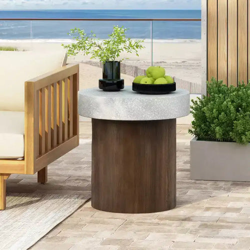 1 Pack Cylindrical Side Table, Faux Stone & Wood Texture End Table for Indoor Outdoor Living Room, Patio, Bedroom