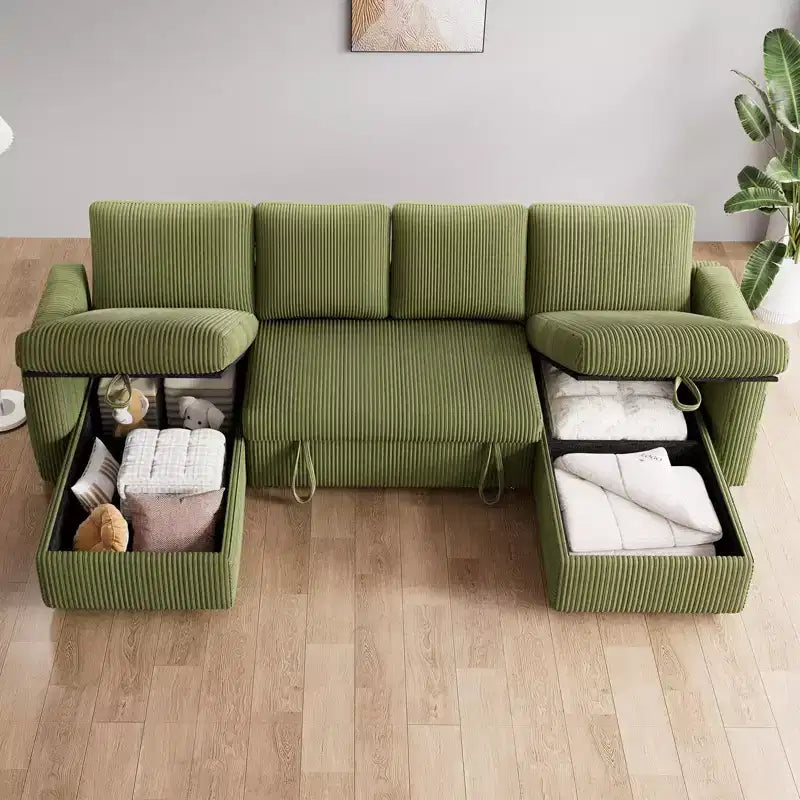 Sofá cama extraíble de 105 pulgadas y cuatro plazas con espacio de almacenamiento y bolsillos laterales, respaldo ajustable, pana
