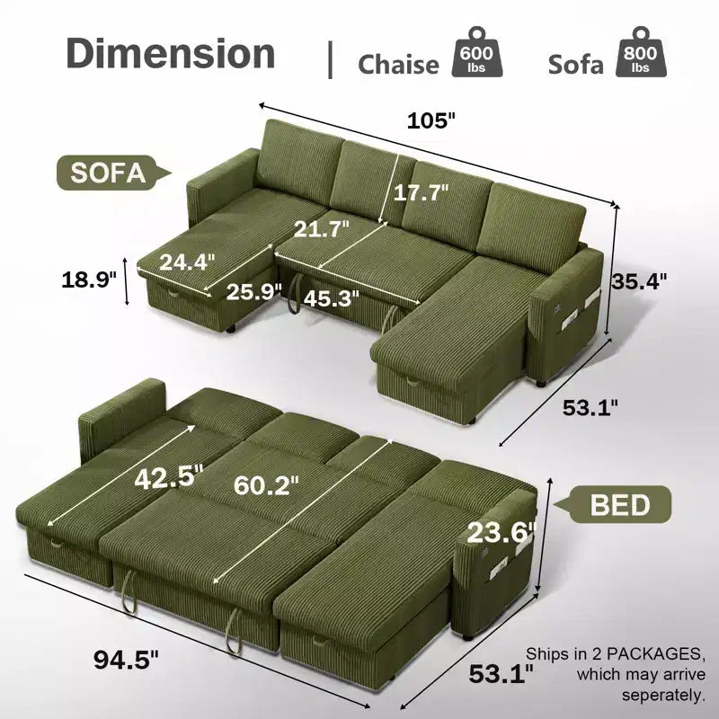 Sofá cama extraíble de 105 pulgadas y cuatro plazas con espacio de almacenamiento y bolsillos laterales, respaldo ajustable, pana