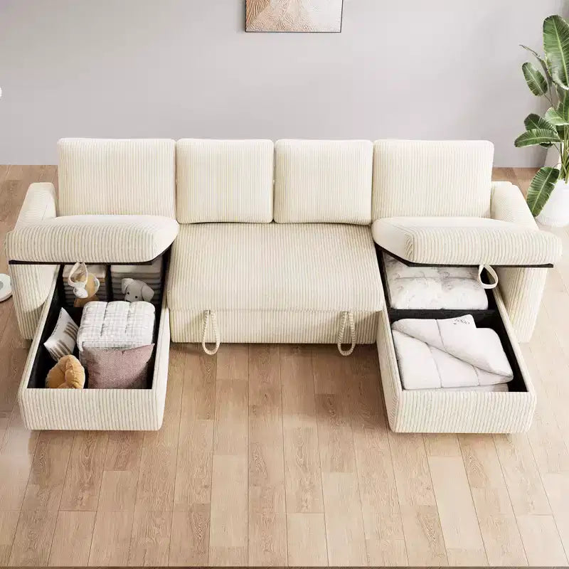 Sofá cama extraíble de 105 pulgadas y cuatro plazas con espacio de almacenamiento y bolsillos laterales, respaldo ajustable, pana
