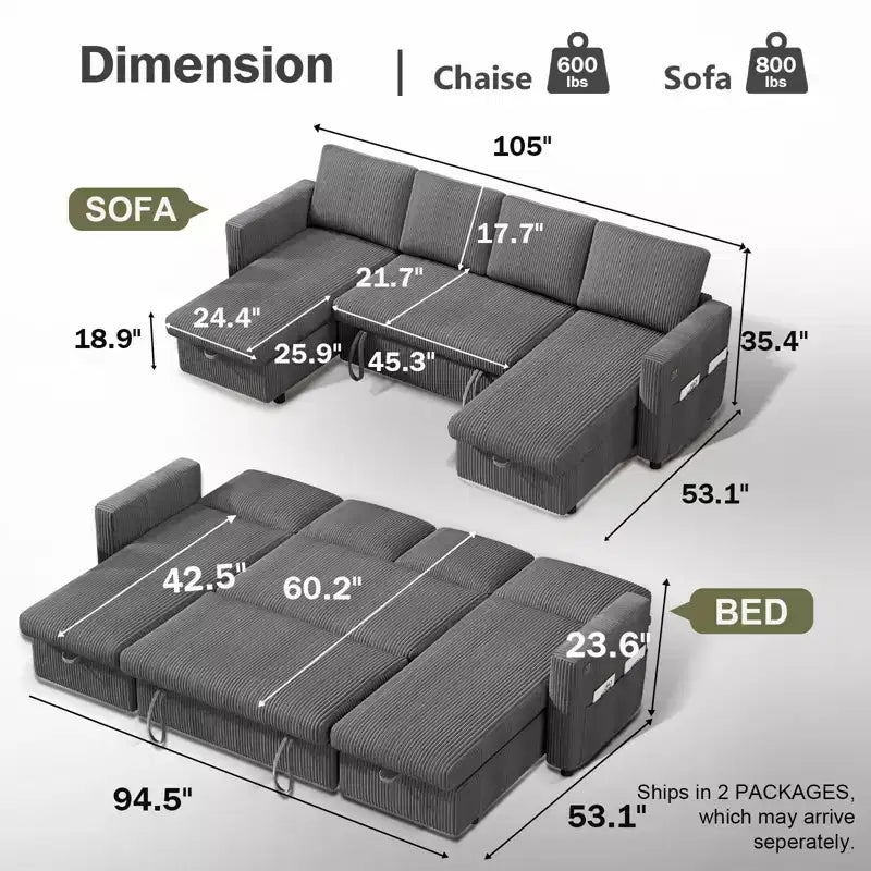 Sofá cama extraíble de 105 pulgadas y cuatro plazas con espacio de almacenamiento y bolsillos laterales, respaldo ajustable, pana