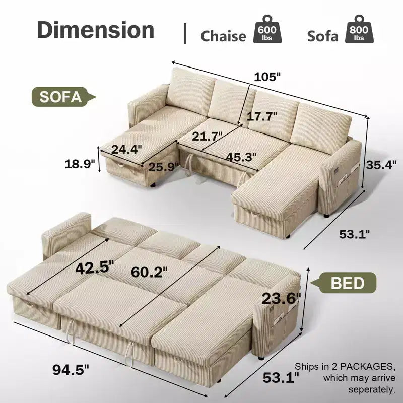 Sofá cama extraíble de 105 pulgadas y cuatro plazas con espacio de almacenamiento y bolsillos laterales, respaldo ajustable, pana