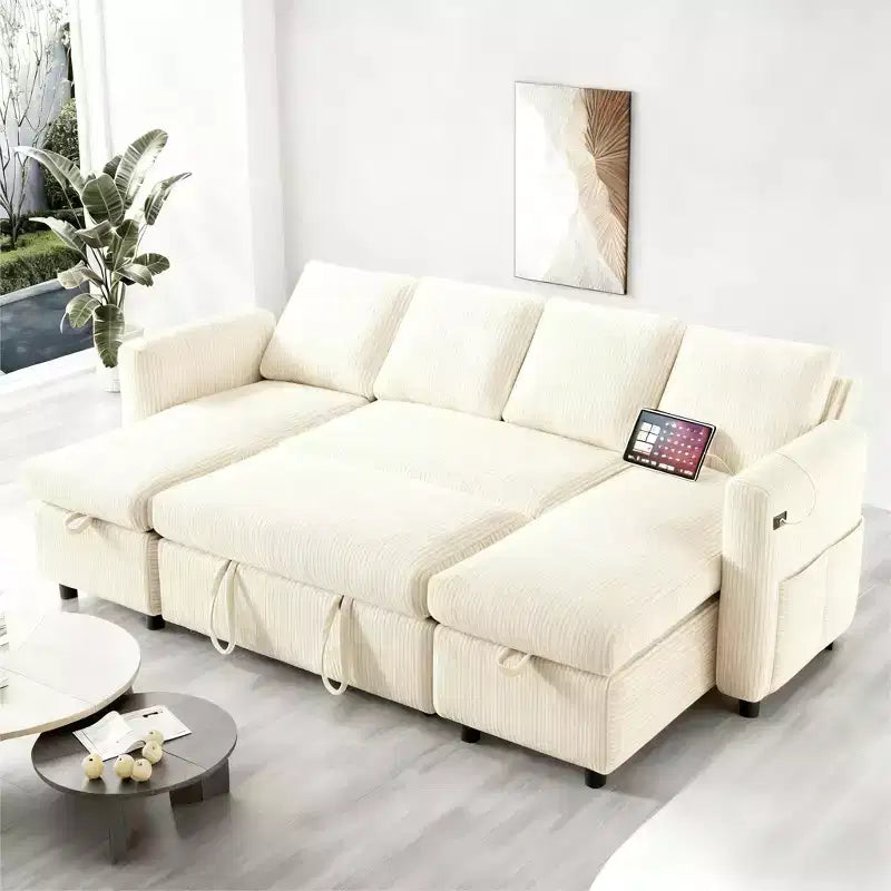 105-inch four-seat pull-out bed with storage space and side pockets, adjustable backrest, convertible sofa bed, corduroy