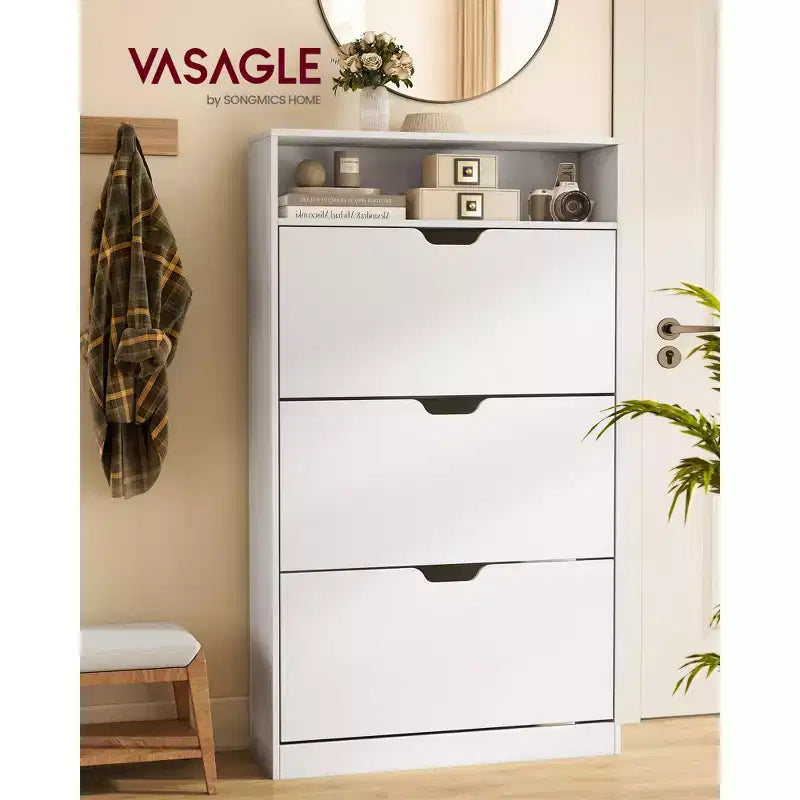 Shoe Cabinet, Open Compartment, Adjustable and Removable Dividers, 3 Flip Drawers, for 21-24 Pairs, Cloud White